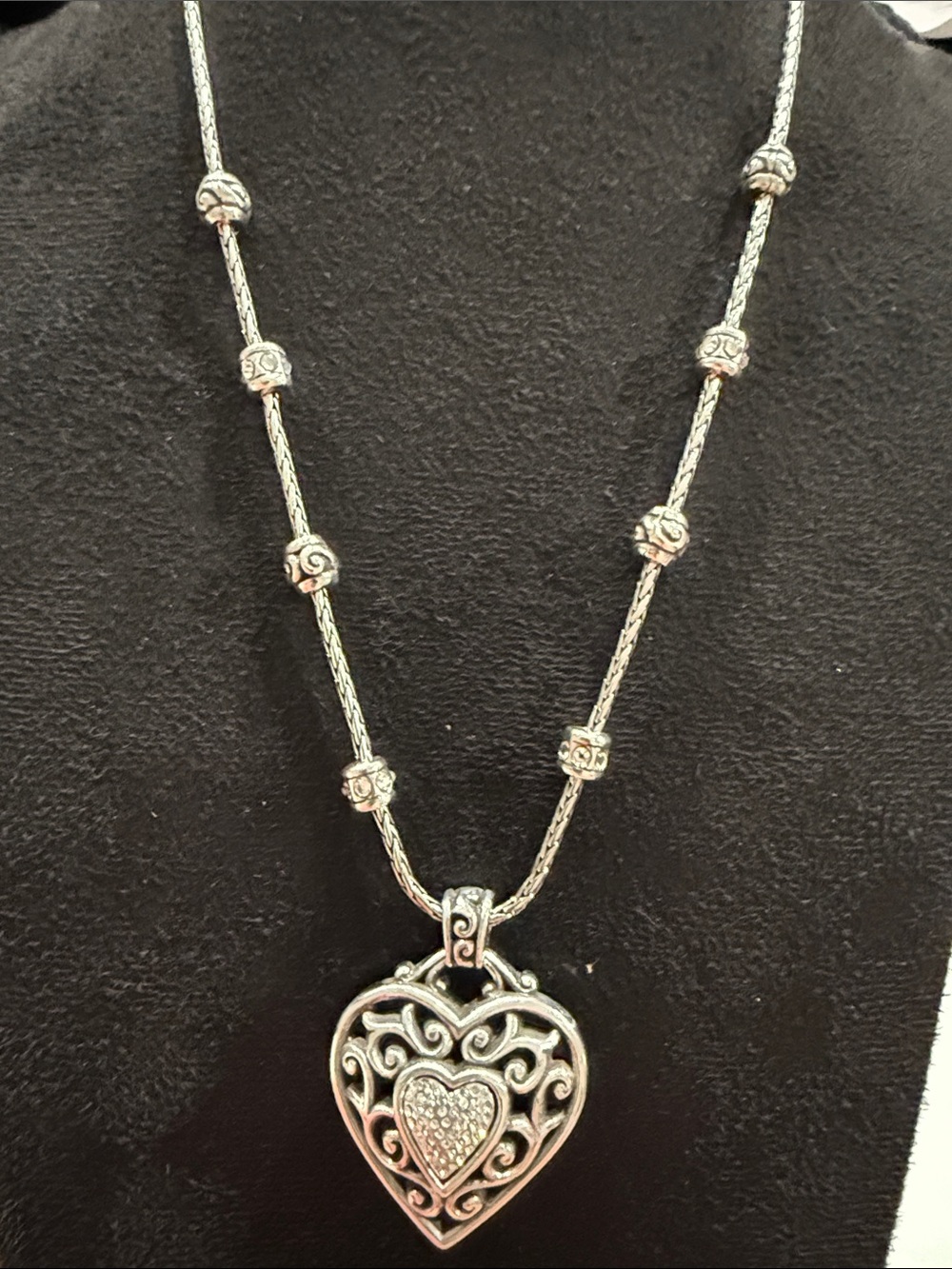 Brighton Reno Heart Necklace J44242 Silver Crystal Pavé Scrollwork